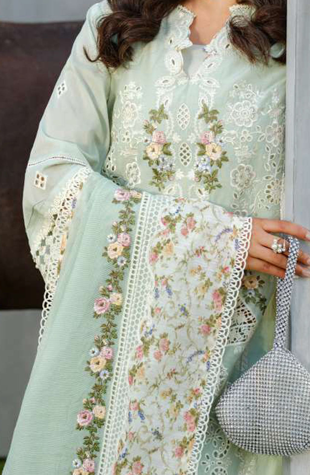 Elaf Premium Luxury Lawn Vol II Frostel ELH-4B Unstitched 3 Piece - Mint Green