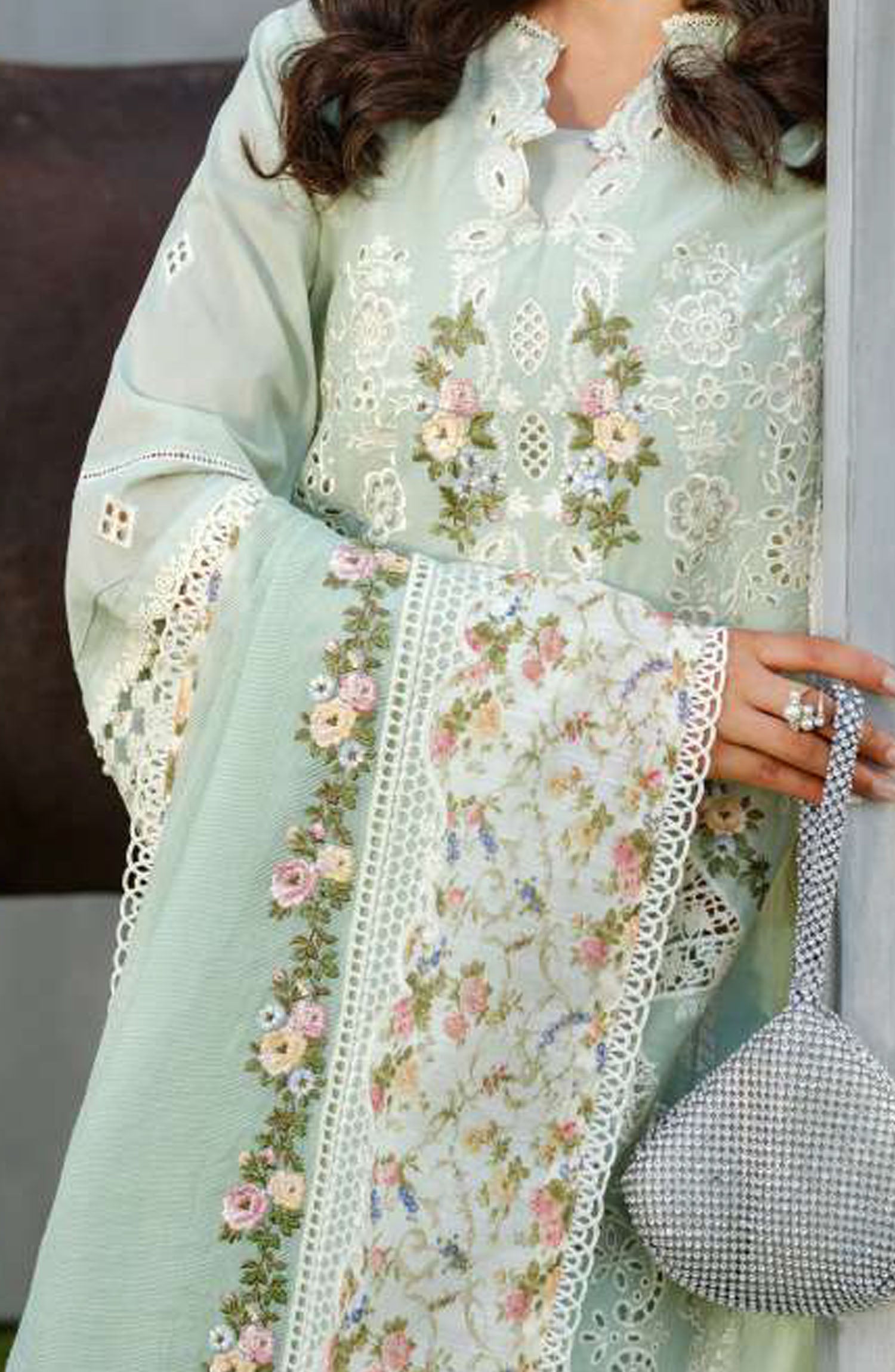 Elaf Premium Luxury Lawn Vol II Frostel ELH-4B Unstitched 3 Piece - Mint Green