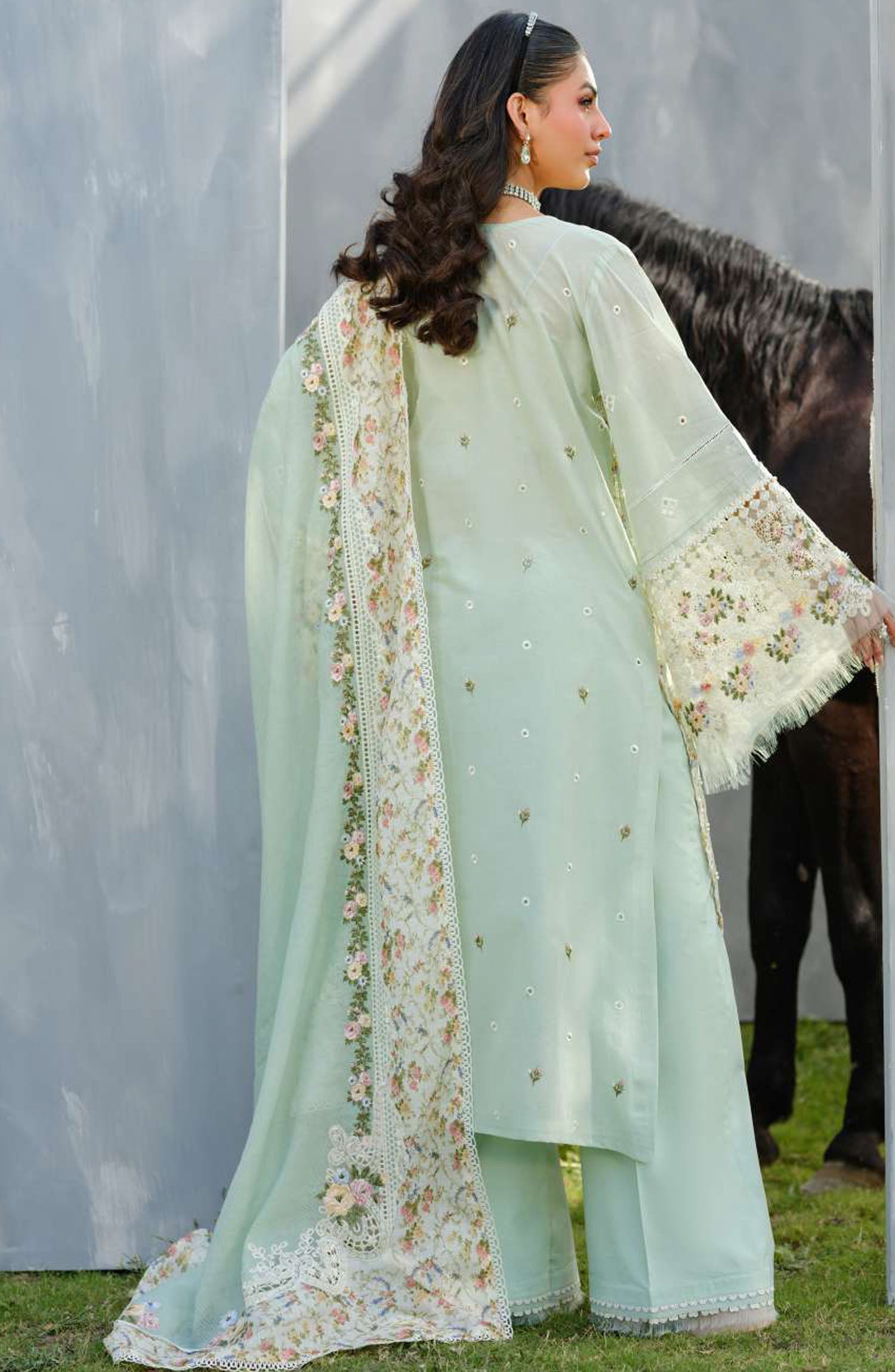 Elaf Premium Luxury Lawn Vol II Frostel ELH-4B Unstitched 3 Piece - Mint Green
