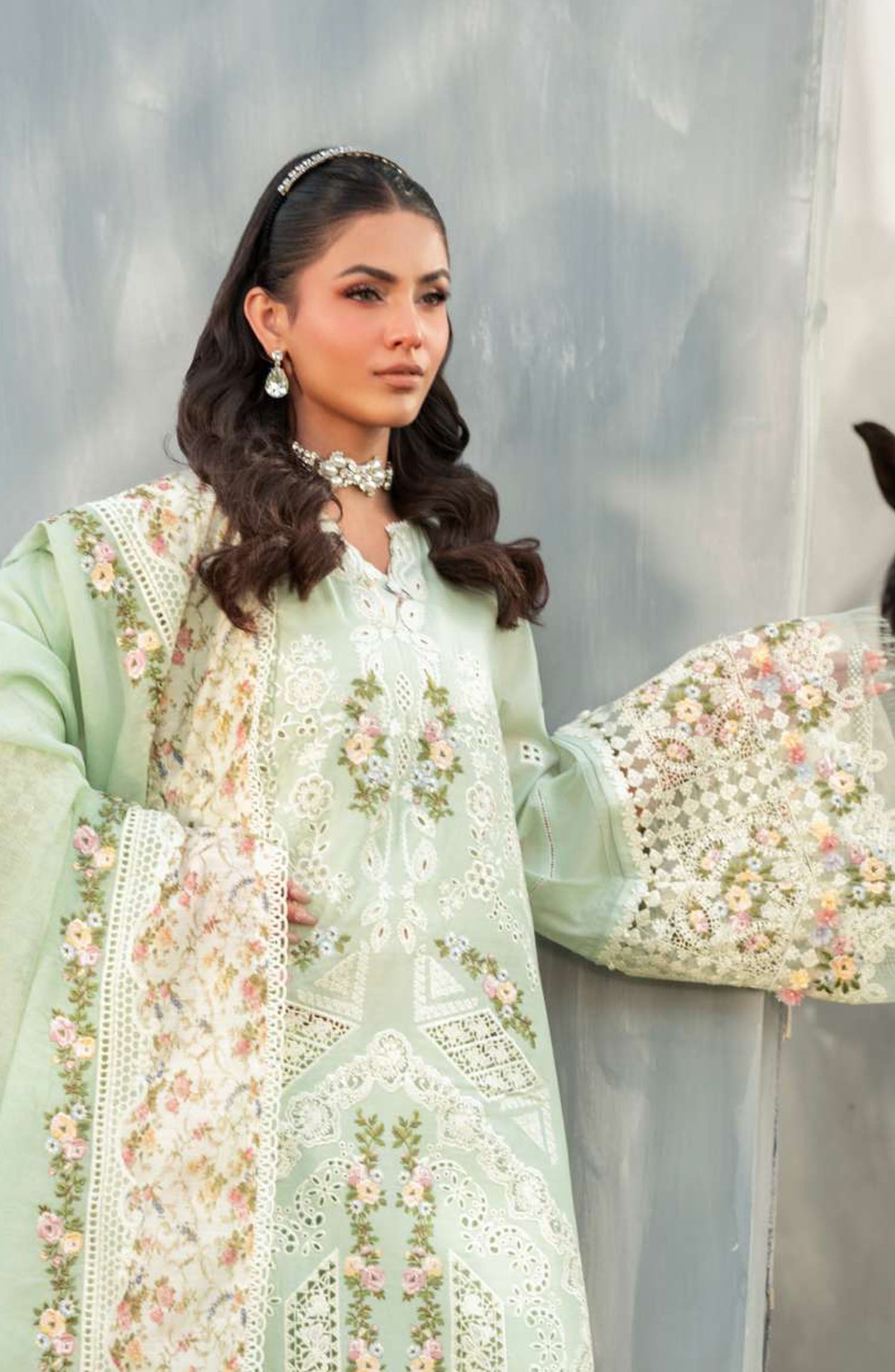 Elaf Premium Luxury Lawn Vol II Frostel ELH-4B Unstitched 3 Piece - Mint Green