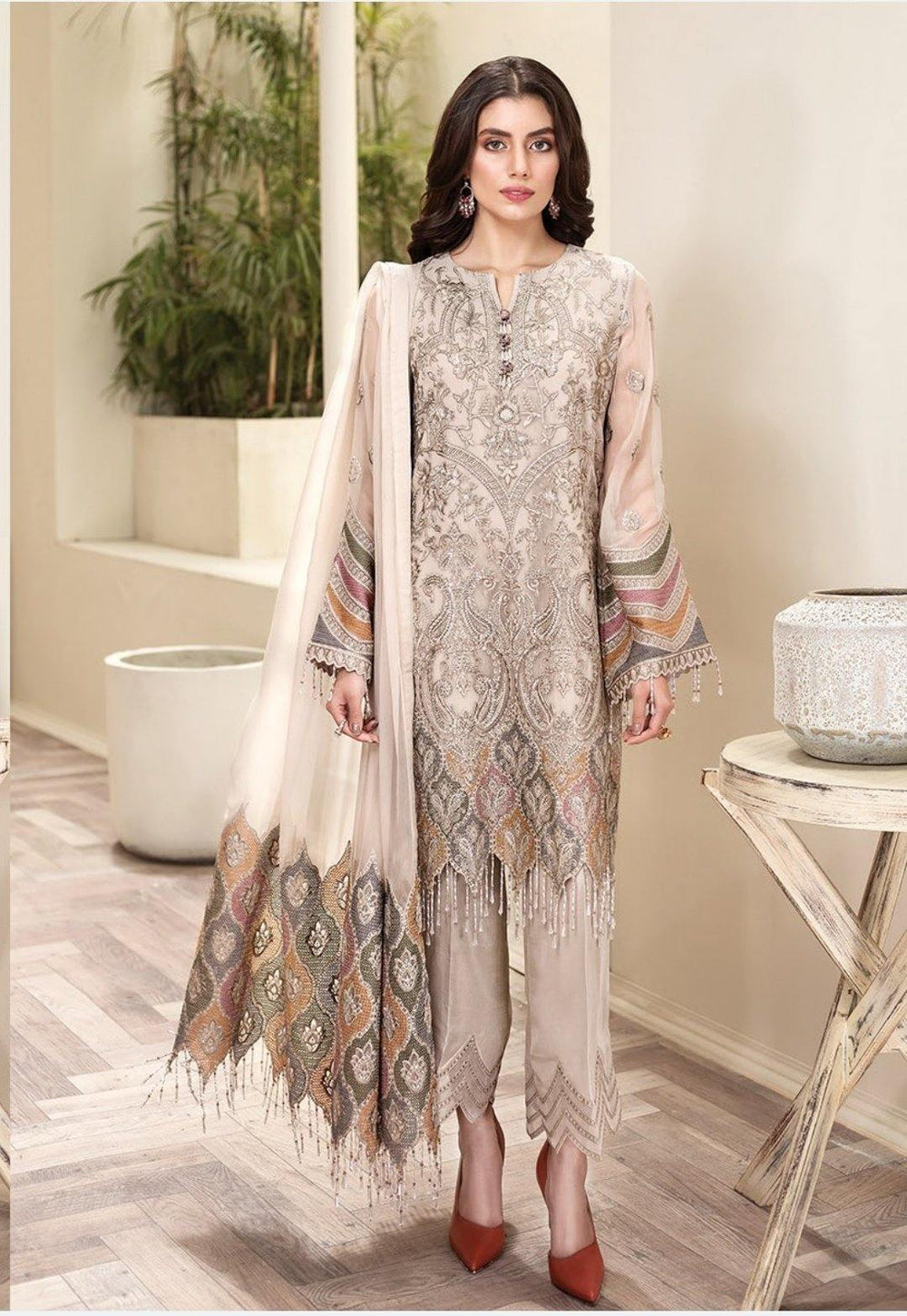 Jazmin Amerrati Luxury Chiffon 03 Arezu Unstitched 3 Piece - Ivory / Beige