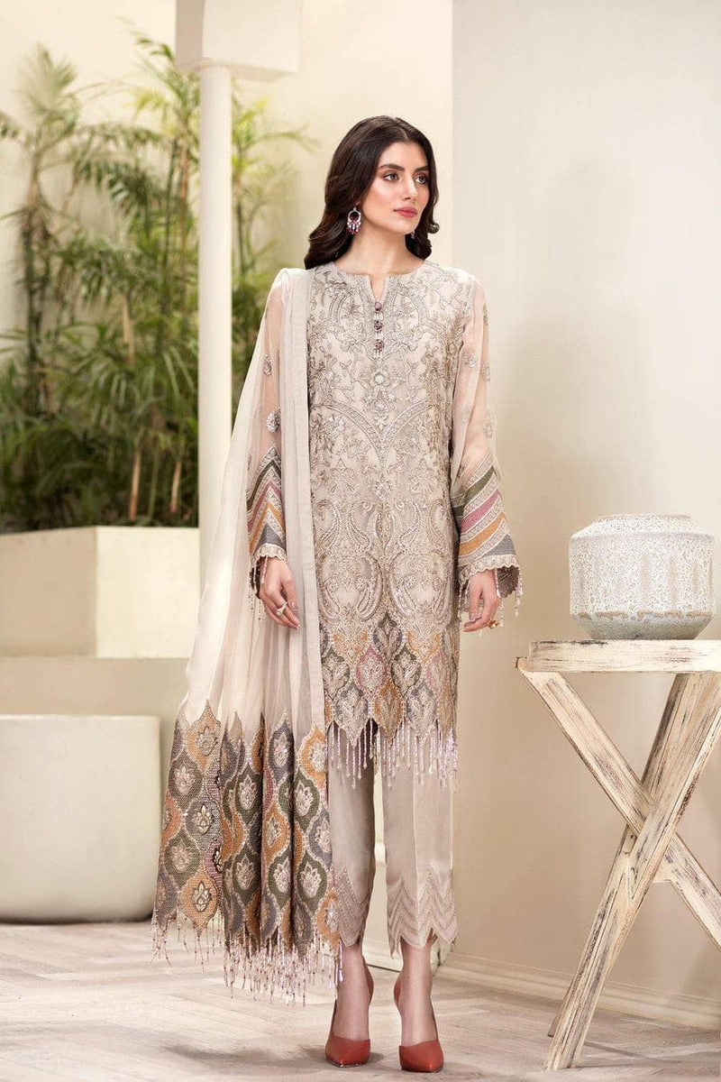 Jazmin Amerrati Luxury Chiffon 03 Arezu Unstitched 3 Piece - Ivory / Beige