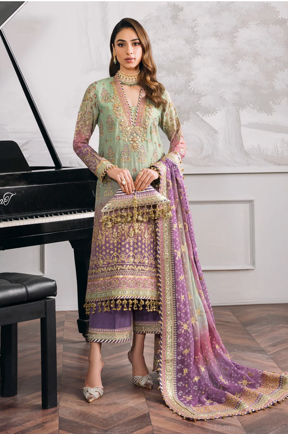 Baroque Chantelle BQU-CH12-D08 Unstitched 3 Piece - Pistachio / Lilac
