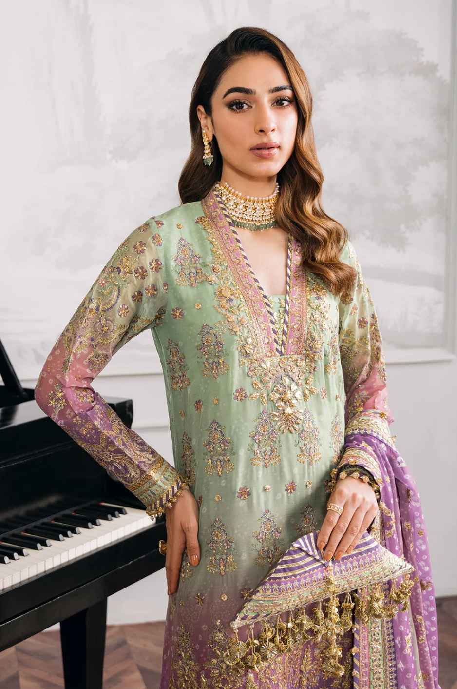 Baroque Chantelle BQU-CH12-D08 Unstitched 3 Piece - Pistachio / Lilac