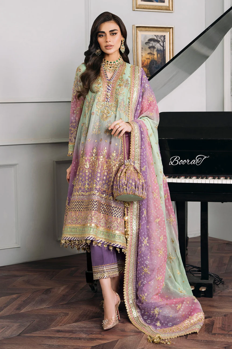 Baroque Chantelle BQU-CH12-D08 Unstitched 3 Piece - Pistachio / Lilac